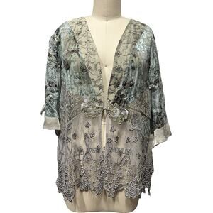 Spencer Alexis Kimono Blouse Vtg Floral Velvet Burnout Silk Lace Embroidery XL
